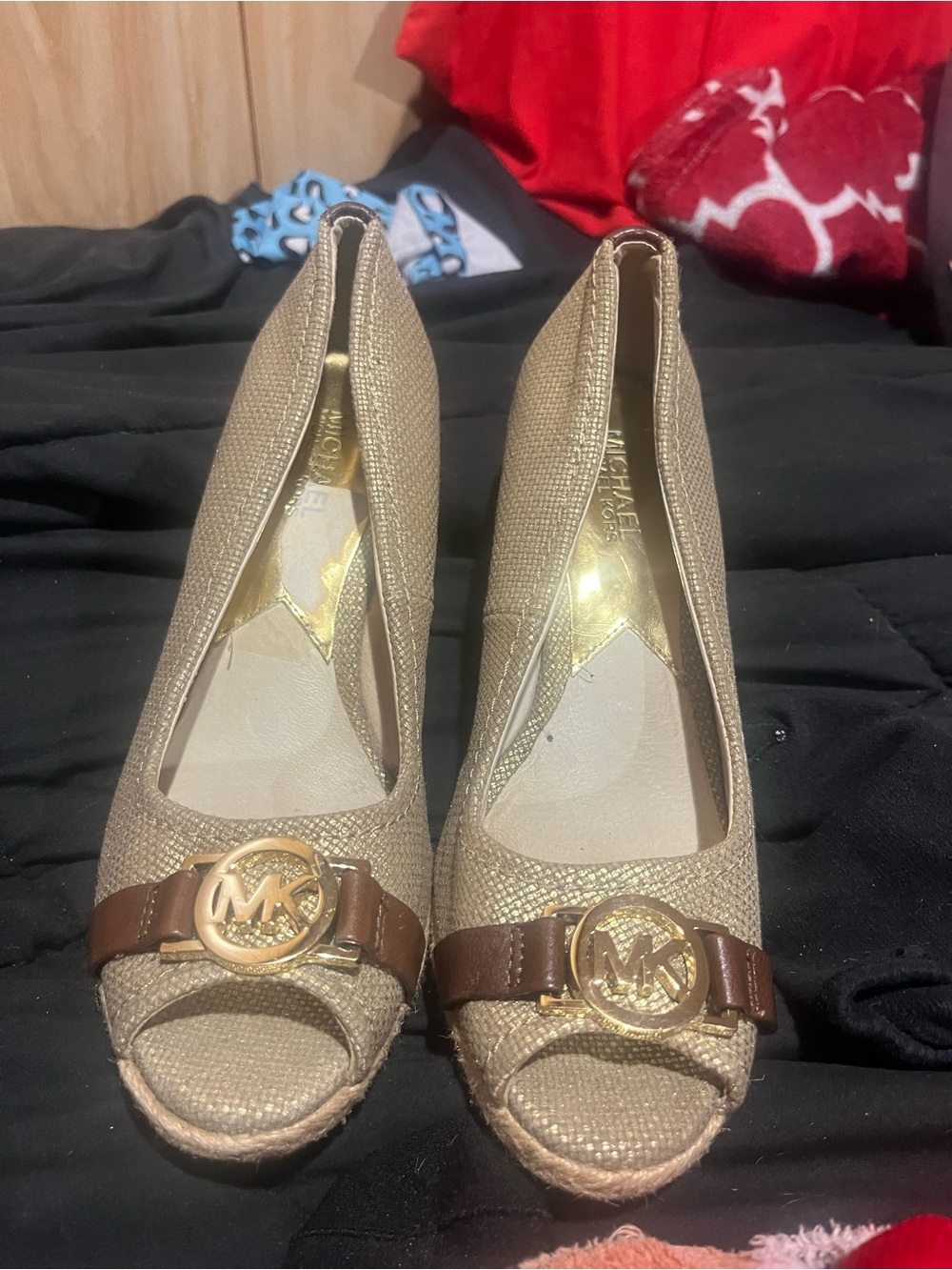 Michael Kors Metallic Gold Espadrille Wedges with Brown Leather Trim